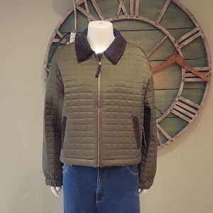 Tuckernuck Box Quilt Mason Army Green Jacket with Brown Corduroy Trim